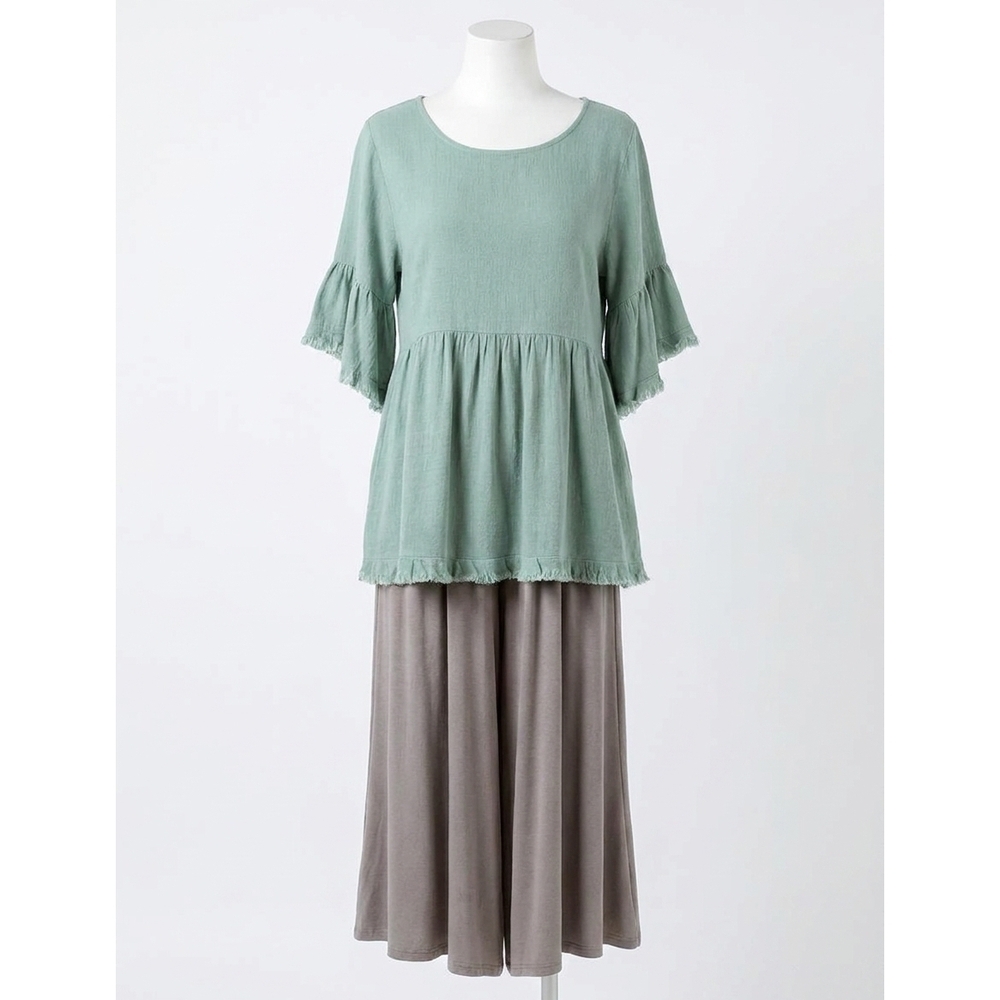 Umgee Sage Green Ruffle Sleeve Peplum Blouse